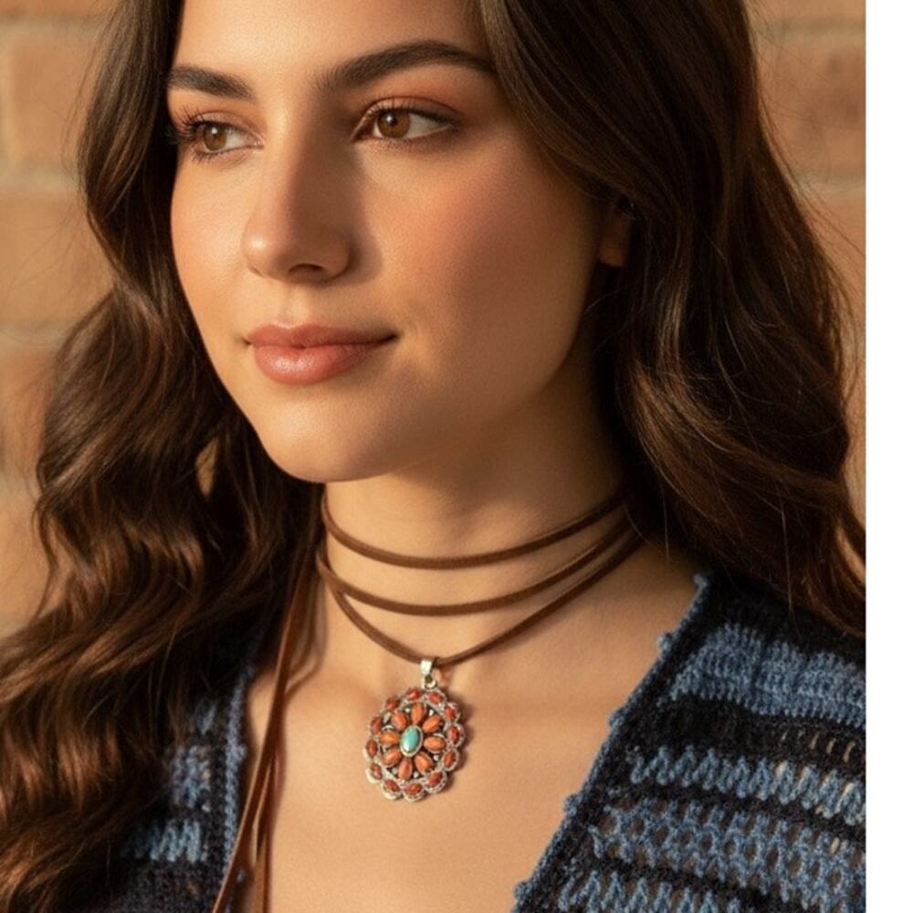 Handmade Western/Cowgirl Style Faux Turquoise and Coral Leather Choker